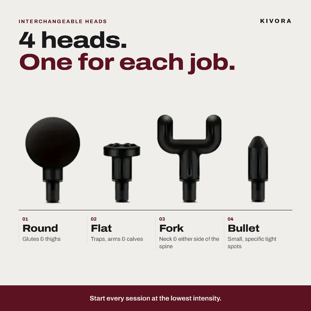 The four KIVORA massage heads: round, flat, fork and bullet
