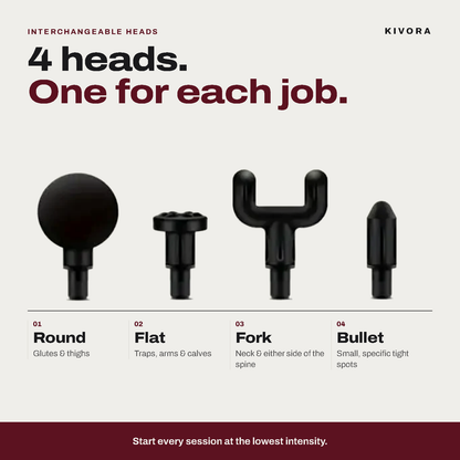 The four KIVORA massage heads: round, flat, fork and bullet