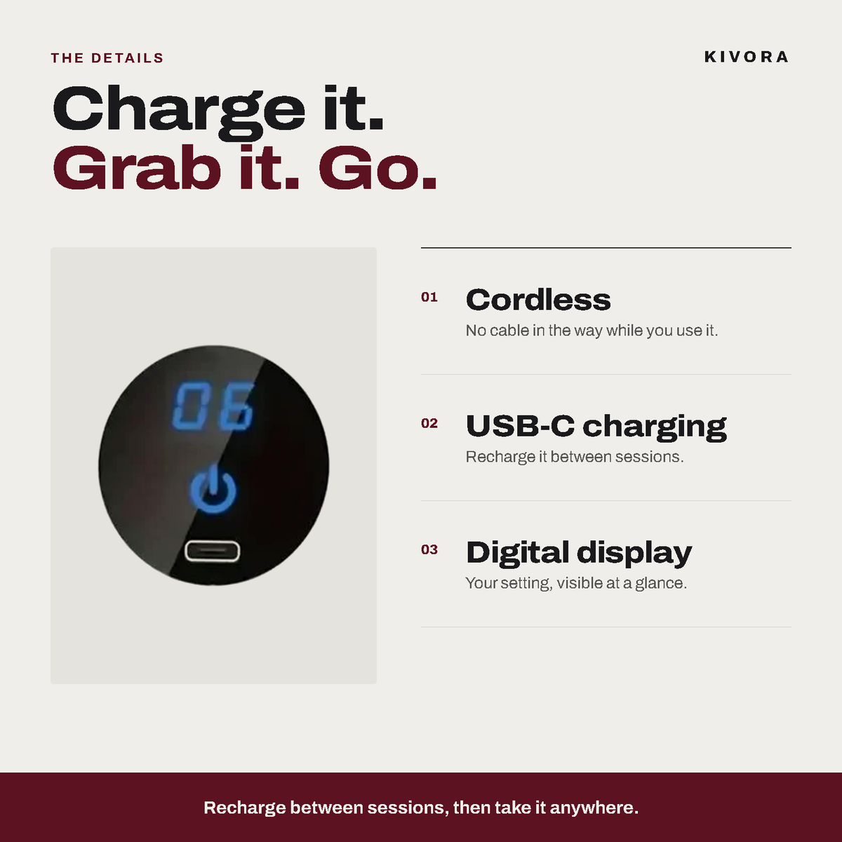KIVORA massage gun display and USB-C charging port